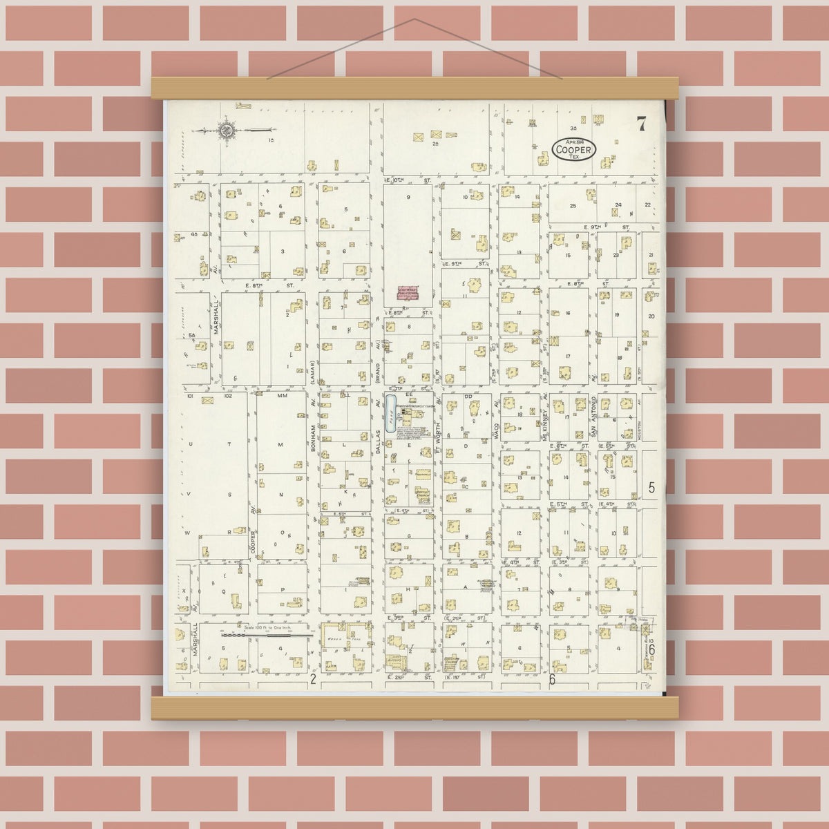 Old map wall art mockup — magnetic wood frame on brick wall — Sanborn Fire Insurance Map from Cooper, Delta County, Texas (1914), Sheet #0007