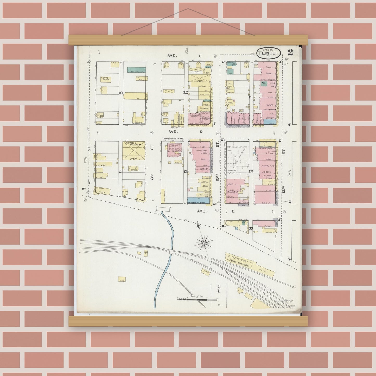 Old map wall art mockup — magnetic wood frame on brick wall — Sanborn Fire Insurance Map from Temple, Bell County, Texas (1893), Sheet #0002