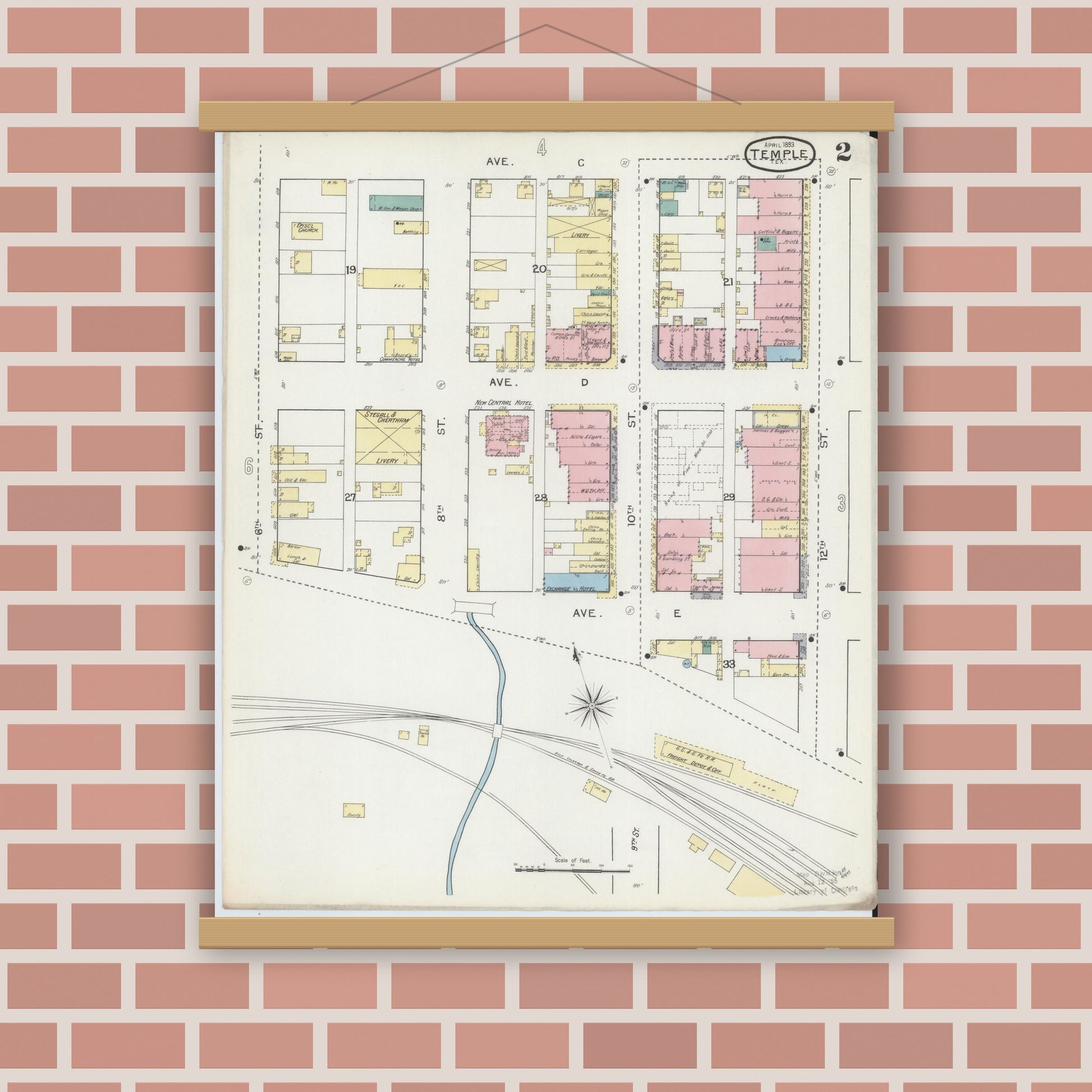 Old map wall art mockup — magnetic wood frame on brick wall — Sanborn Fire Insurance Map from Temple, Bell County, Texas (1893), Sheet #0002