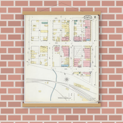 Old map wall art mockup — magnetic wood frame on brick wall — Sanborn Fire Insurance Map from Temple, Bell County, Texas (1893), Sheet #0002