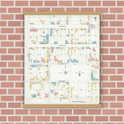 Old map wall art mockup — magnetic wood frame on brick wall — Sanborn Fire Insurance Map from Laredo, Webb County, Texas (1900), Sheet #0008