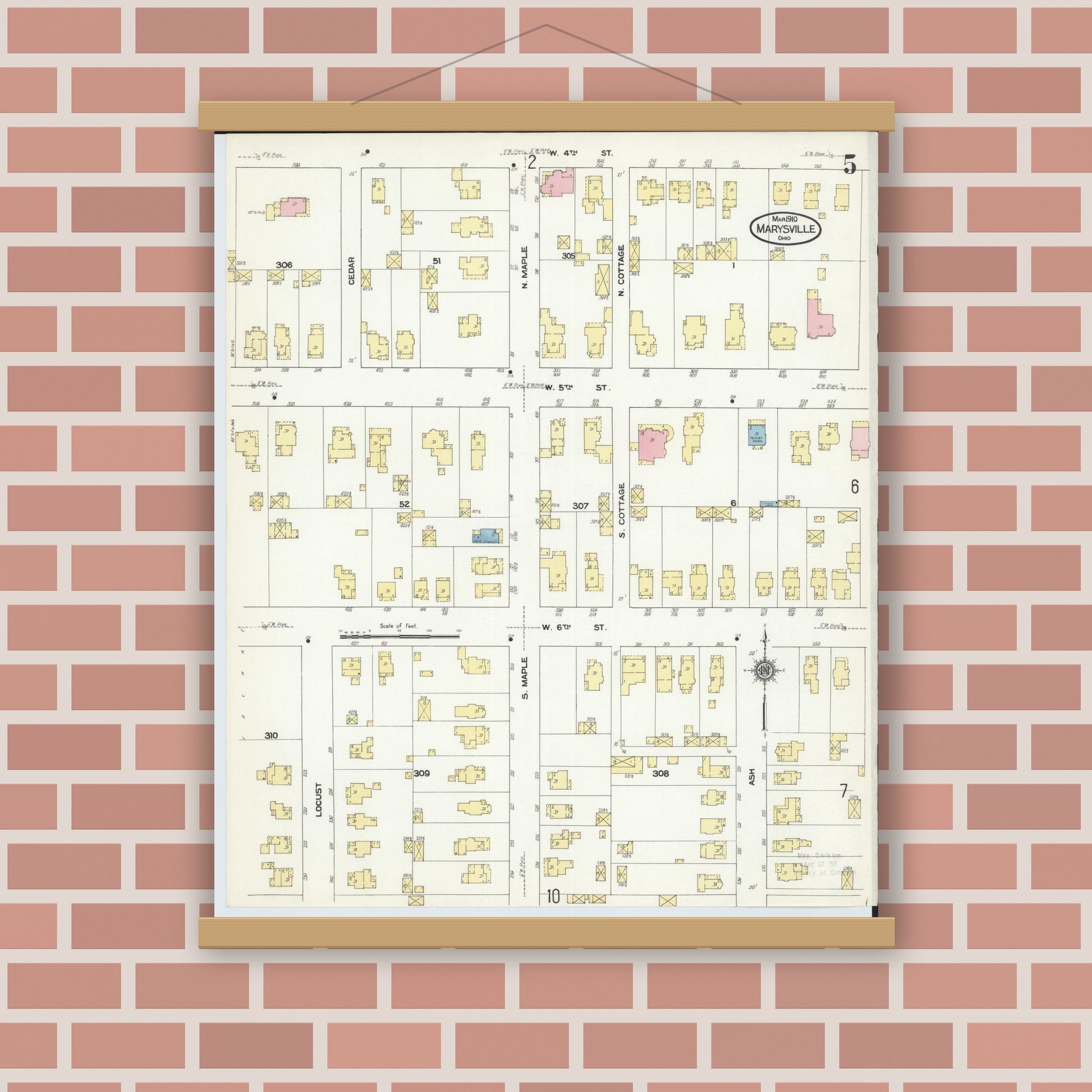 Old map wall art mockup — magnetic wood frame on brick wall — Sanborn Fire Insurance Map from Marysville, Union County, Ohio (1910), Sheet #0005