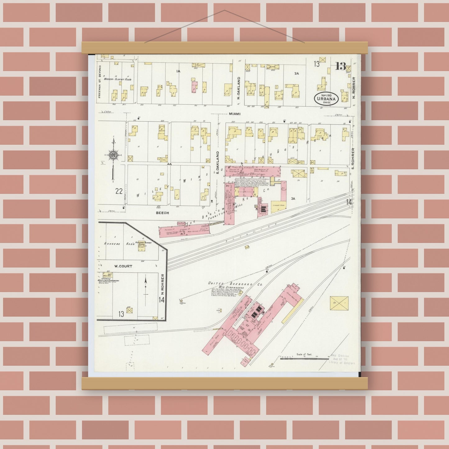 Old map wall art mockup — magnetic wood frame on brick wall — Sanborn Fire Insurance Map from Urbana, Champaign County, Ohio (1910), Sheet #0013