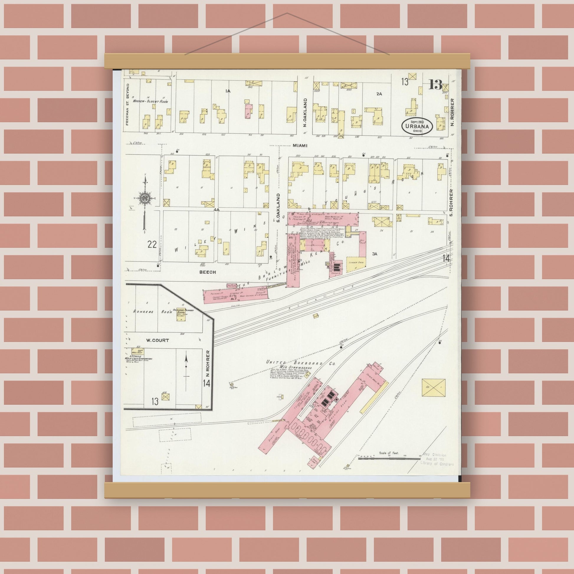 Old map wall art mockup — magnetic wood frame on brick wall — Sanborn Fire Insurance Map from Urbana, Champaign County, Ohio (1910), Sheet #0013
