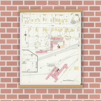 Old map wall art mockup — magnetic wood frame on brick wall — Sanborn Fire Insurance Map from Urbana, Champaign County, Ohio (1910), Sheet #0013