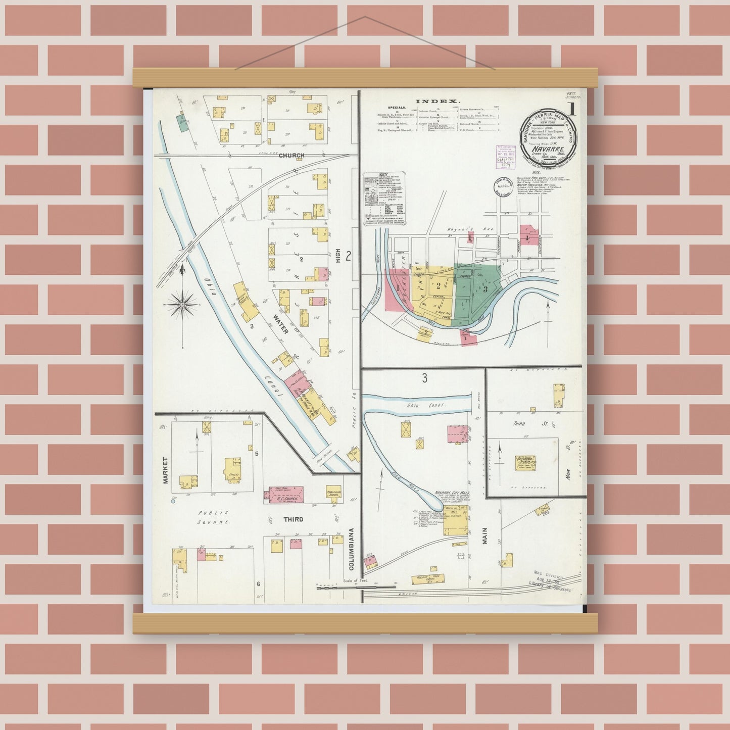 Old map wall art mockup — magnetic wood frame on brick wall — Sanborn Fire Insurance Map from Navarre, Stark County, Ohio (1901), Sheet #0001