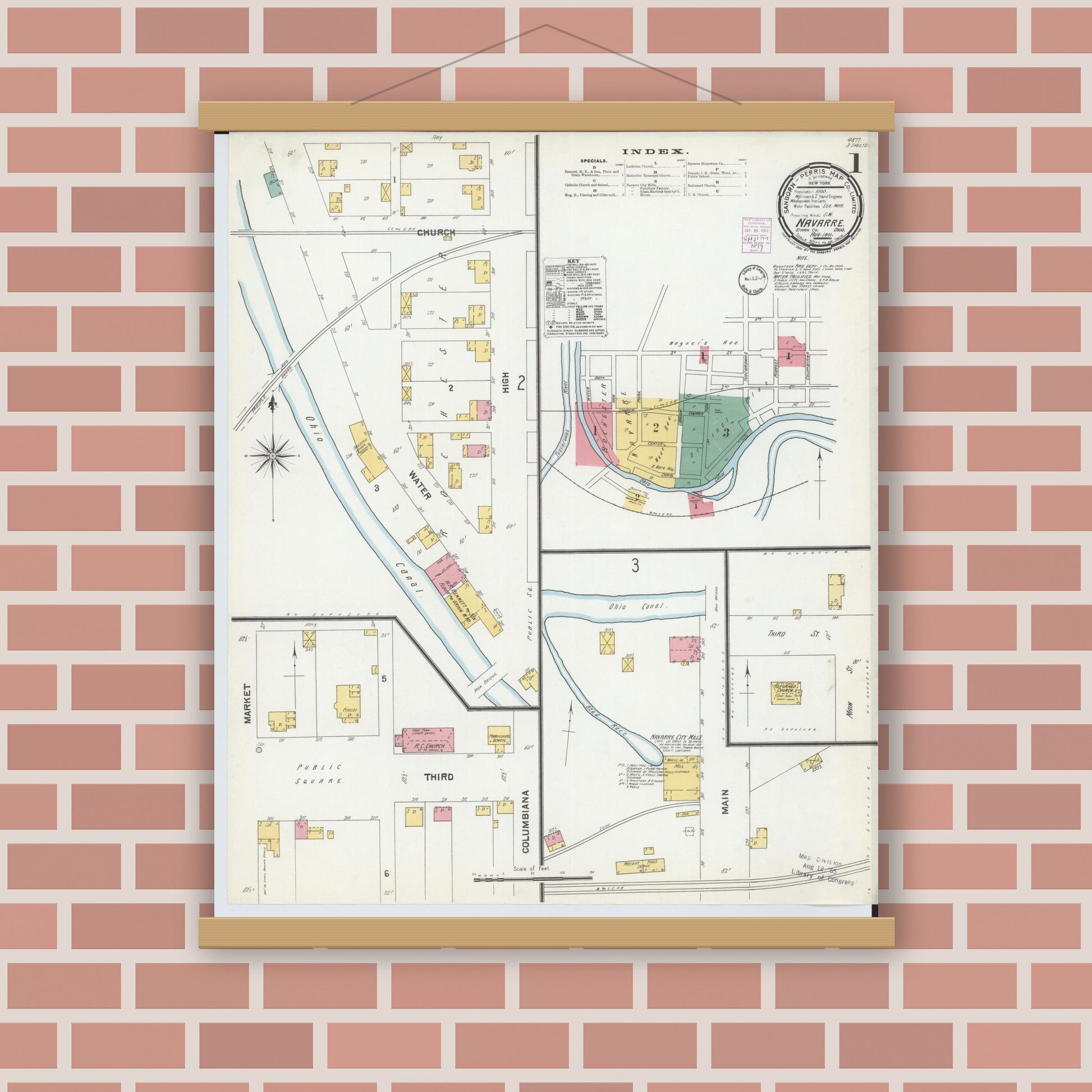 Old map wall art mockup — magnetic wood frame on brick wall — Sanborn Fire Insurance Map from Navarre, Stark County, Ohio (1901), Sheet #0001