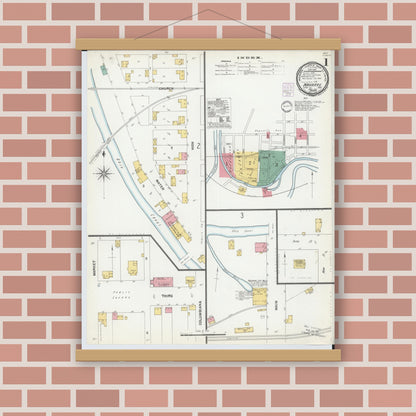 Old map wall art mockup — magnetic wood frame on brick wall — Sanborn Fire Insurance Map from Navarre, Stark County, Ohio (1901), Sheet #0001