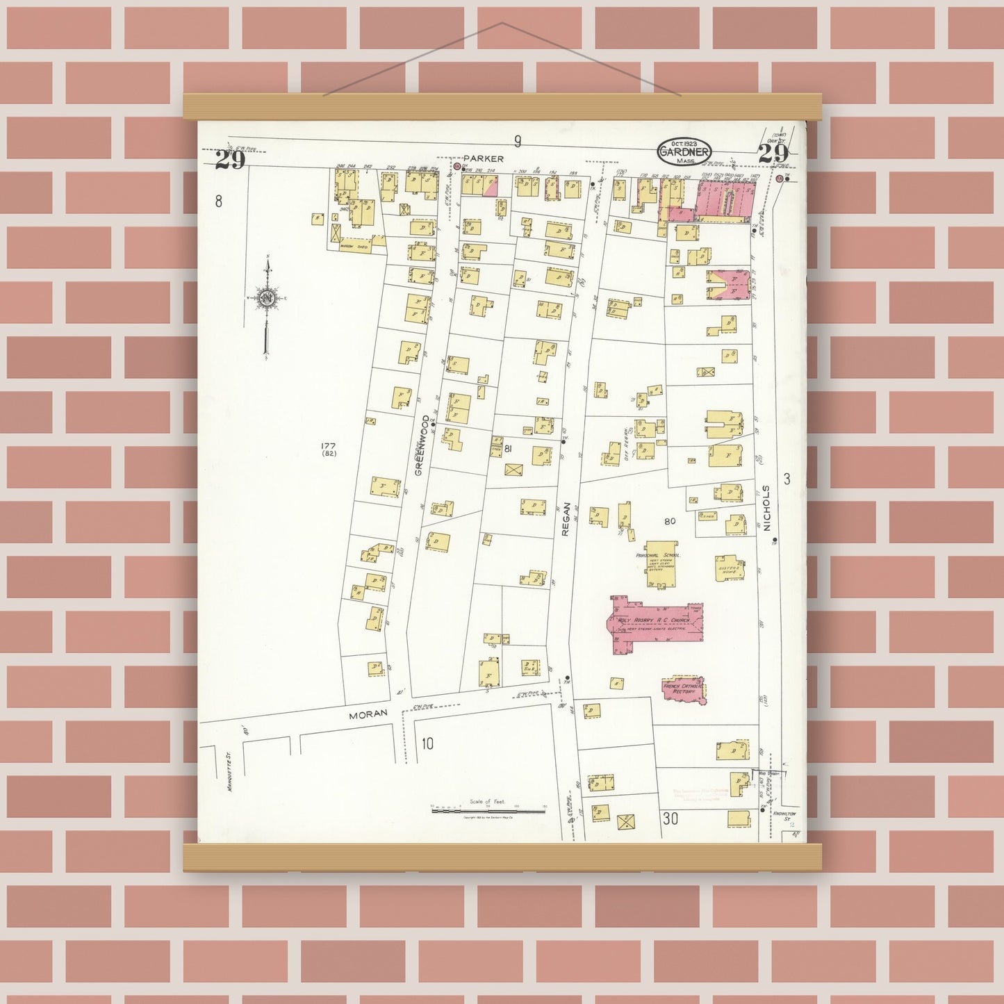 Old map wall art mockup — magnetic wood frame on brick wall — Sanborn Fire Insurance Map from Gardner, Worcester County, Massachusetts (1923), Sheet #0029