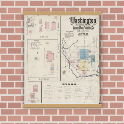 Old map wall art mockup — magnetic wood frame on brick wall — Sanborn Fire Insurance Map from Washington, Washington County, Pennsylvania (1886) - Complete Map Set