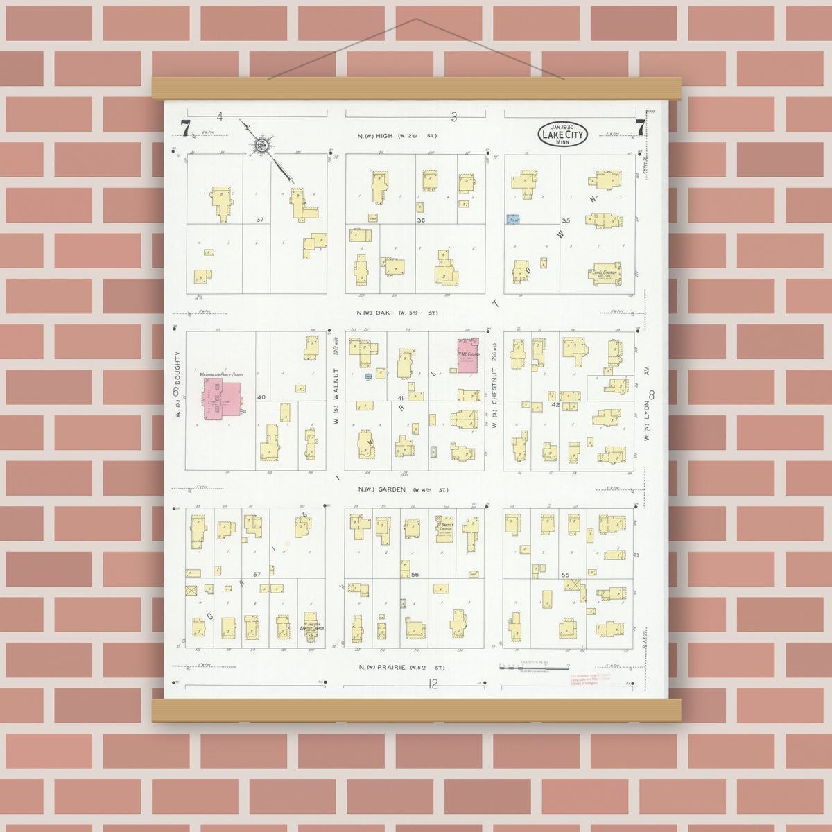 Old map wall art mockup — magnetic wood frame on brick wall — Sanborn Fire Insurance Map from Lake City, Wabasha County, Minnesota (1930), Sheet #0007