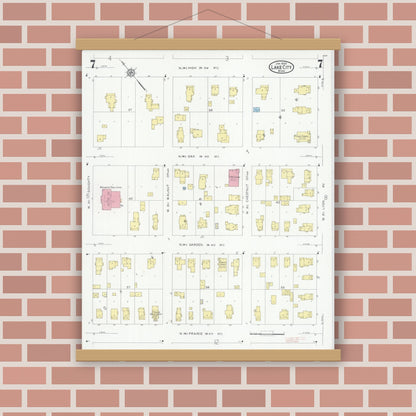 Old map wall art mockup — magnetic wood frame on brick wall — Sanborn Fire Insurance Map from Lake City, Wabasha County, Minnesota (1930), Sheet #0007