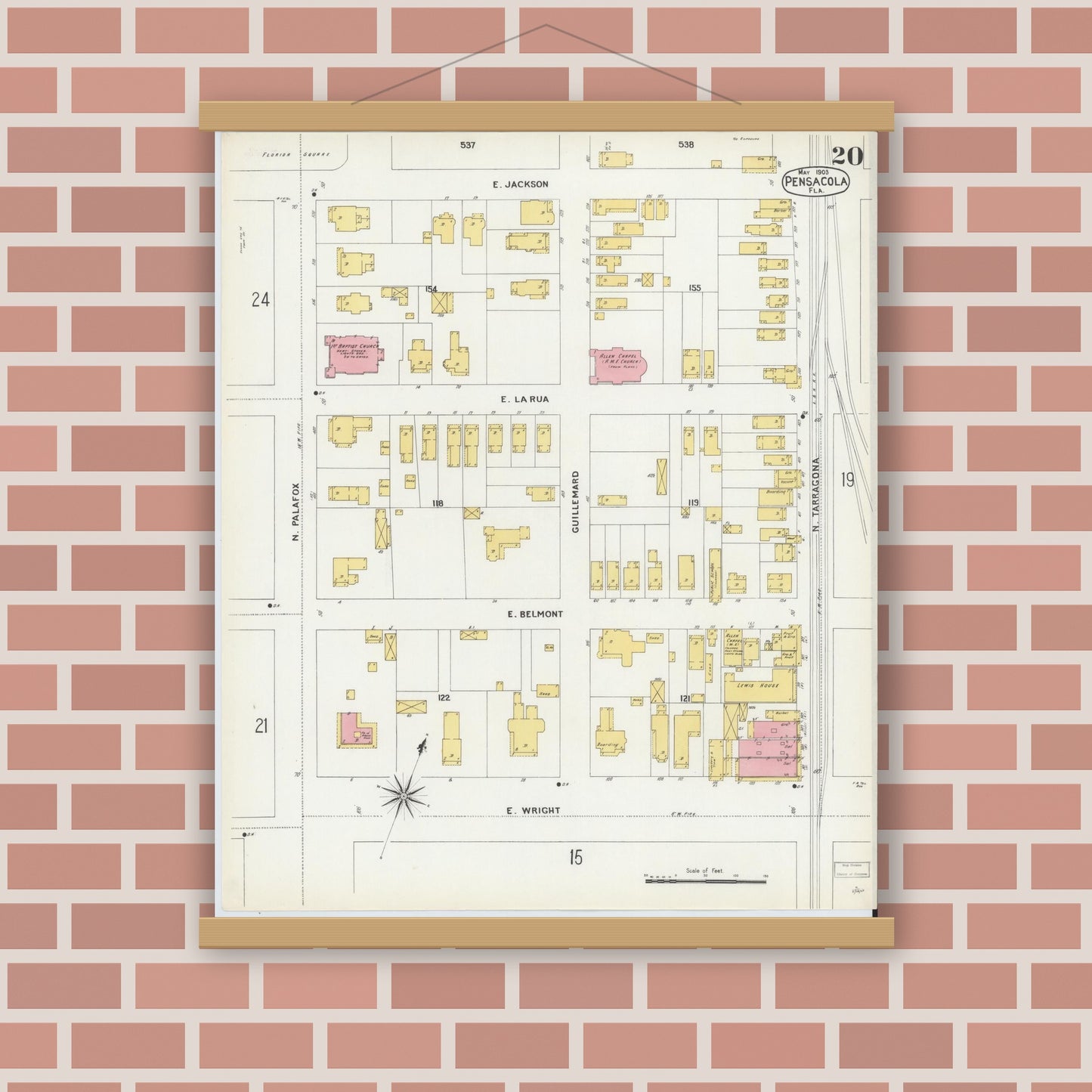 Old map wall art mockup — magnetic wood frame on brick wall — Sanborn Fire Insurance Map from Pensacola, Escambia County, Florida (1903), Sheet #0020