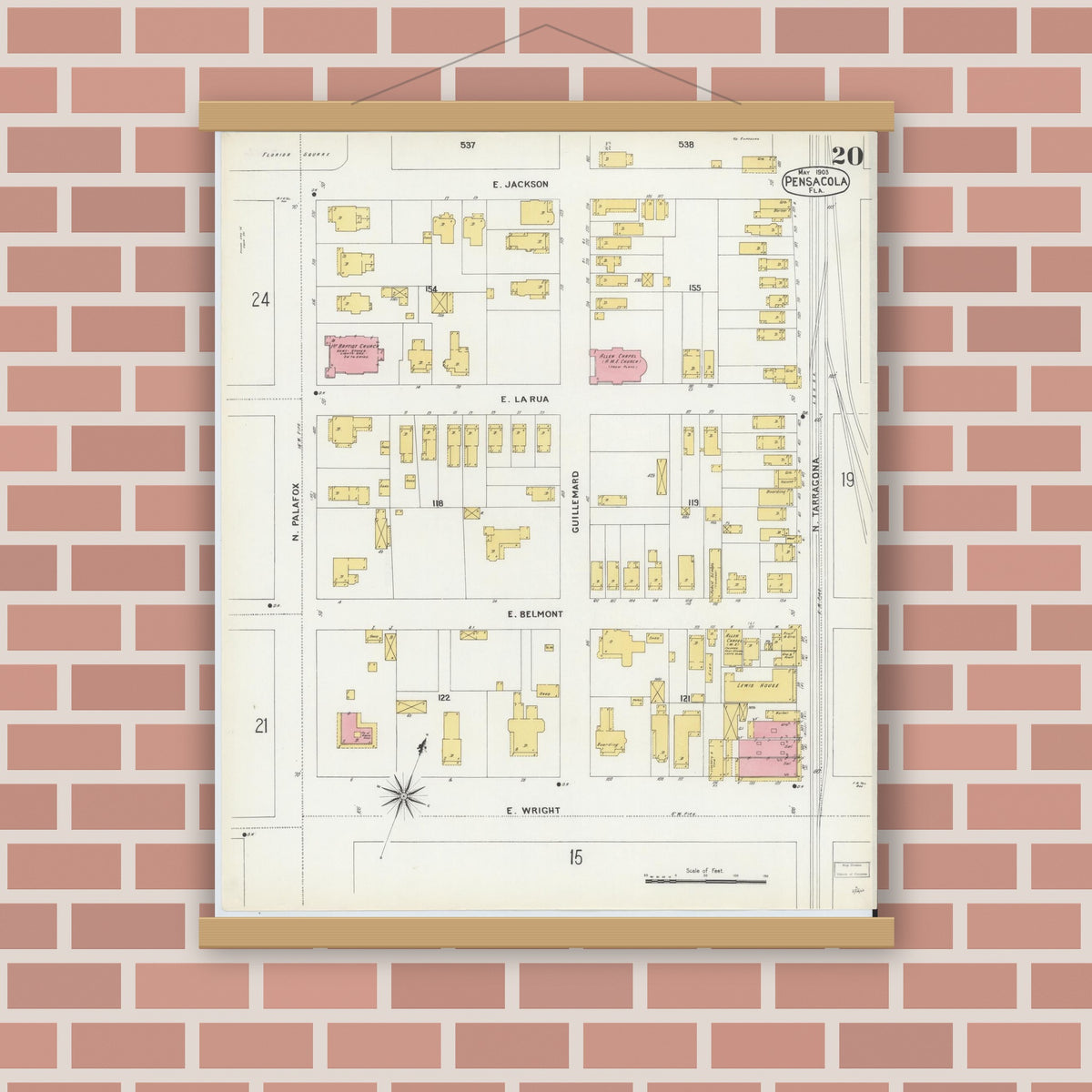 Old map wall art mockup — magnetic wood frame on brick wall — Sanborn Fire Insurance Map from Pensacola, Escambia County, Florida (1903), Sheet #0020