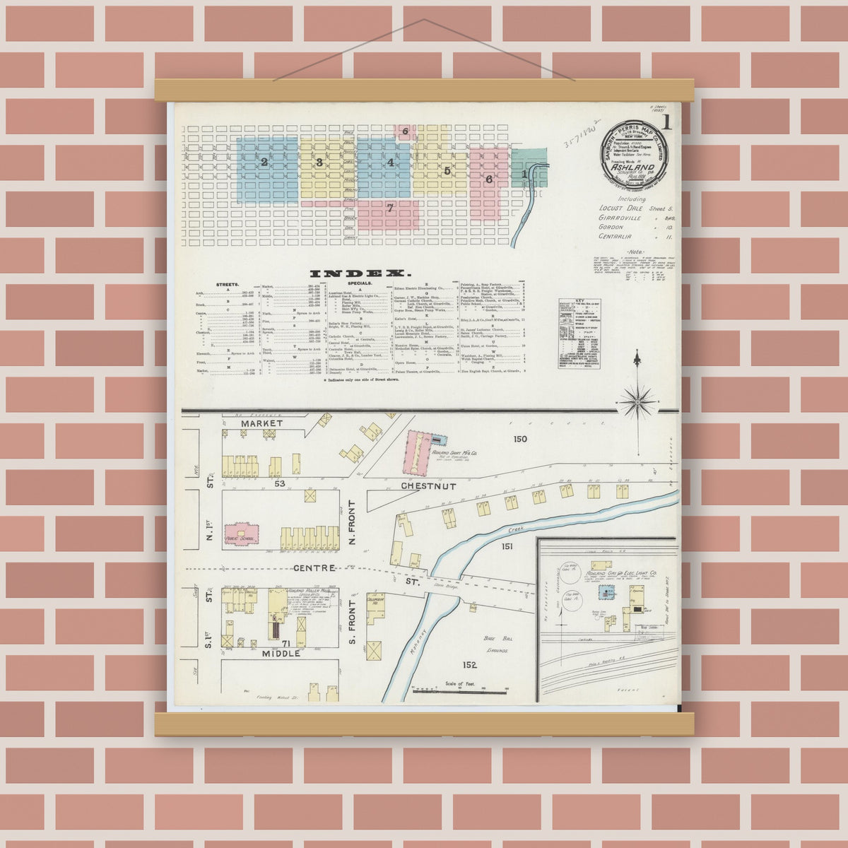 Old map wall art mockup — magnetic wood frame on brick wall — Sanborn Fire Insurance Map from Ashland, Schuylkill County, Pennsylvania (1891), Sheet #0001