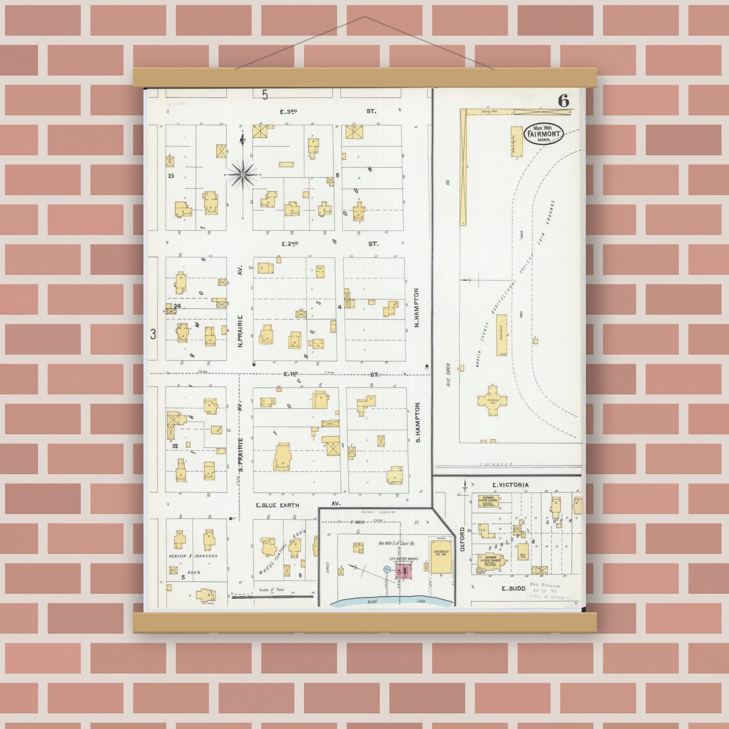 Old map wall art mockup — magnetic wood frame on brick wall — Sanborn Fire Insurance Map from Fairmont, Martin County, Minnesota (1905), Sheet #0006