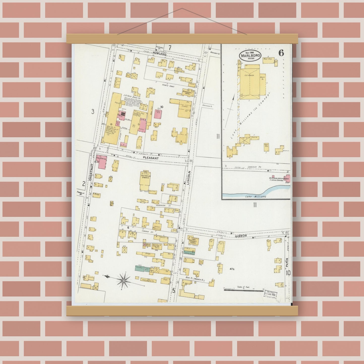 Old map wall art mockup — magnetic wood frame on brick wall — Sanborn Fire Insurance Map from Marlborough, Middlesex County, Massachusetts (1906), Sheet #0006