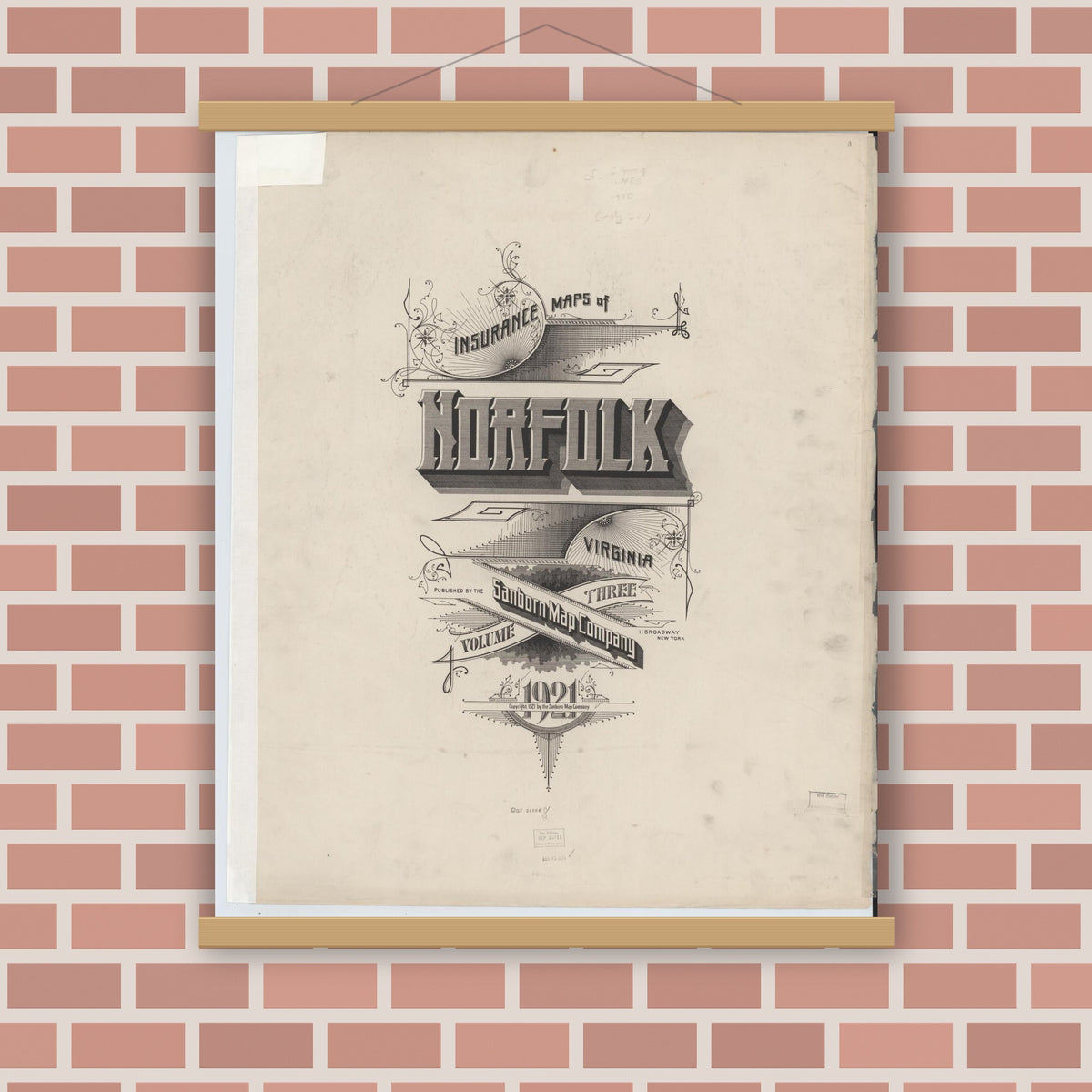 Old map wall art mockup — magnetic wood frame on brick wall — Sanborn Fire Insurance Map from Norfolk, Independent Cities, Virginia (1921), Sheet #0001