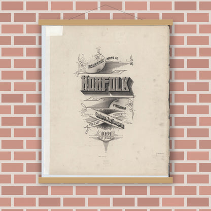 Old map wall art mockup — magnetic wood frame on brick wall — Sanborn Fire Insurance Map from Norfolk, Independent Cities, Virginia (1921), Sheet #0001