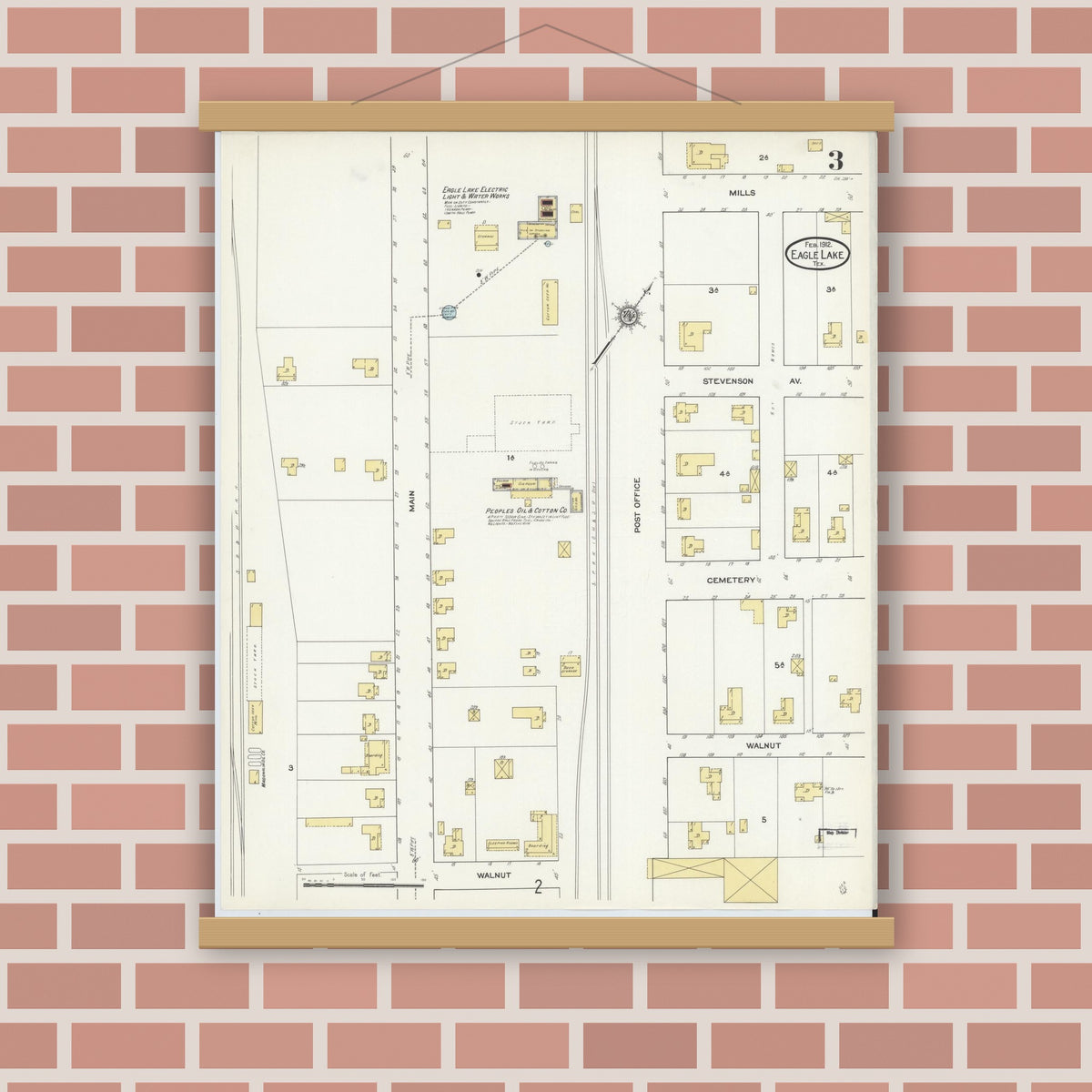 Old map wall art mockup — magnetic wood frame on brick wall — Sanborn Fire Insurance Map from Eagle Lake, Colorado County, Texas (1912), Sheet #0003