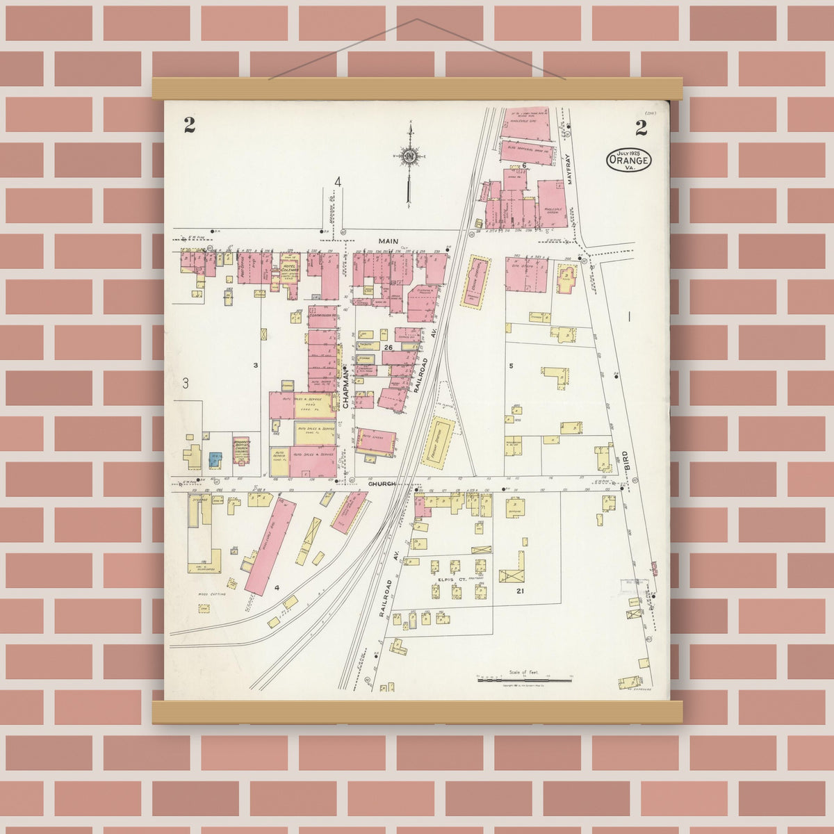 Old map wall art mockup — magnetic wood frame on brick wall — Sanborn Fire Insurance Map from Orange, Orange County, Virginia (1925), Sheet #0002