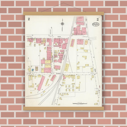 Old map wall art mockup — magnetic wood frame on brick wall — Sanborn Fire Insurance Map from Orange, Orange County, Virginia (1925), Sheet #0002
