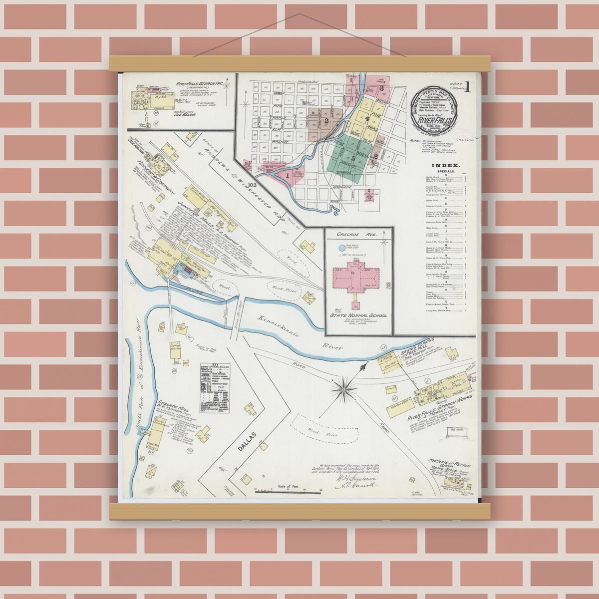 Old map wall art mockup — magnetic wood frame on brick wall — Sanborn Fire Insurance Map from River Falls, St. Croix and Pierce Counties, Wisconsin (1891) - Complete Map Set