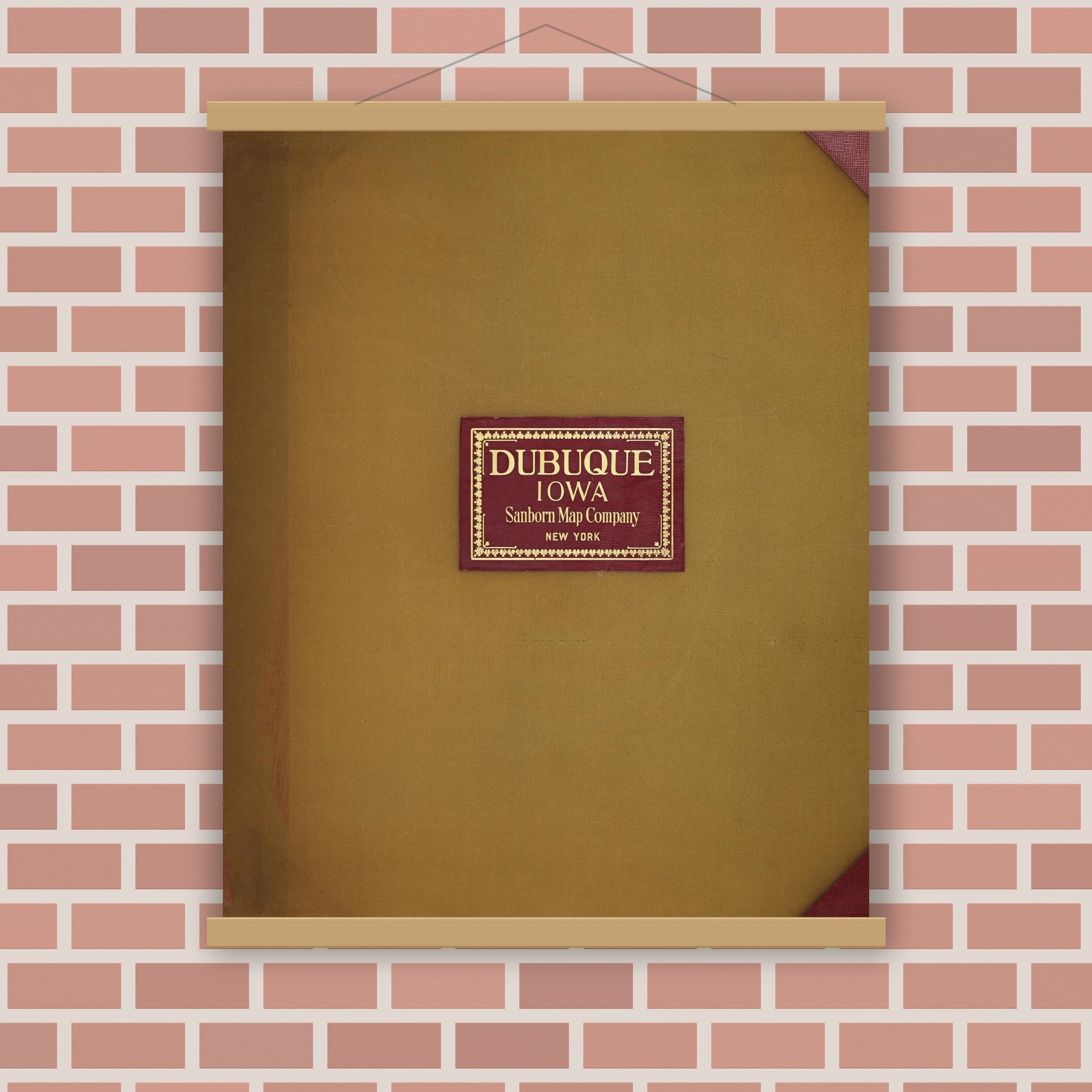 Old map wall art mockup — magnetic wood frame on brick wall — Sanborn Fire Insurance Map from Dubuque, Dubuque County, Iowa (1950), Sheet #0001