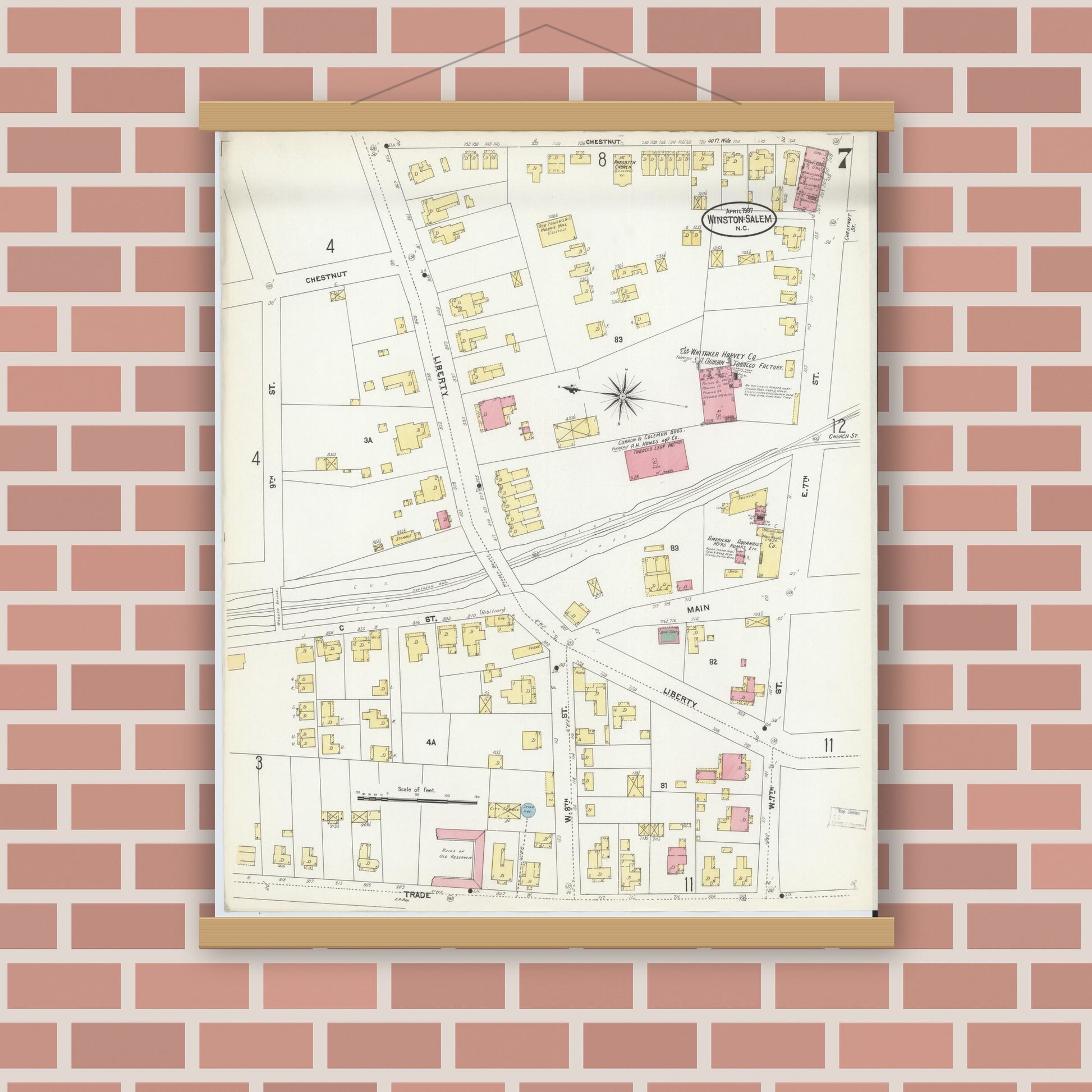 Old map wall art mockup — magnetic wood frame on brick wall — Sanborn Fire Insurance Map from Winston-Salem, Forsyth County, North Carolina (1907), Sheet #0007