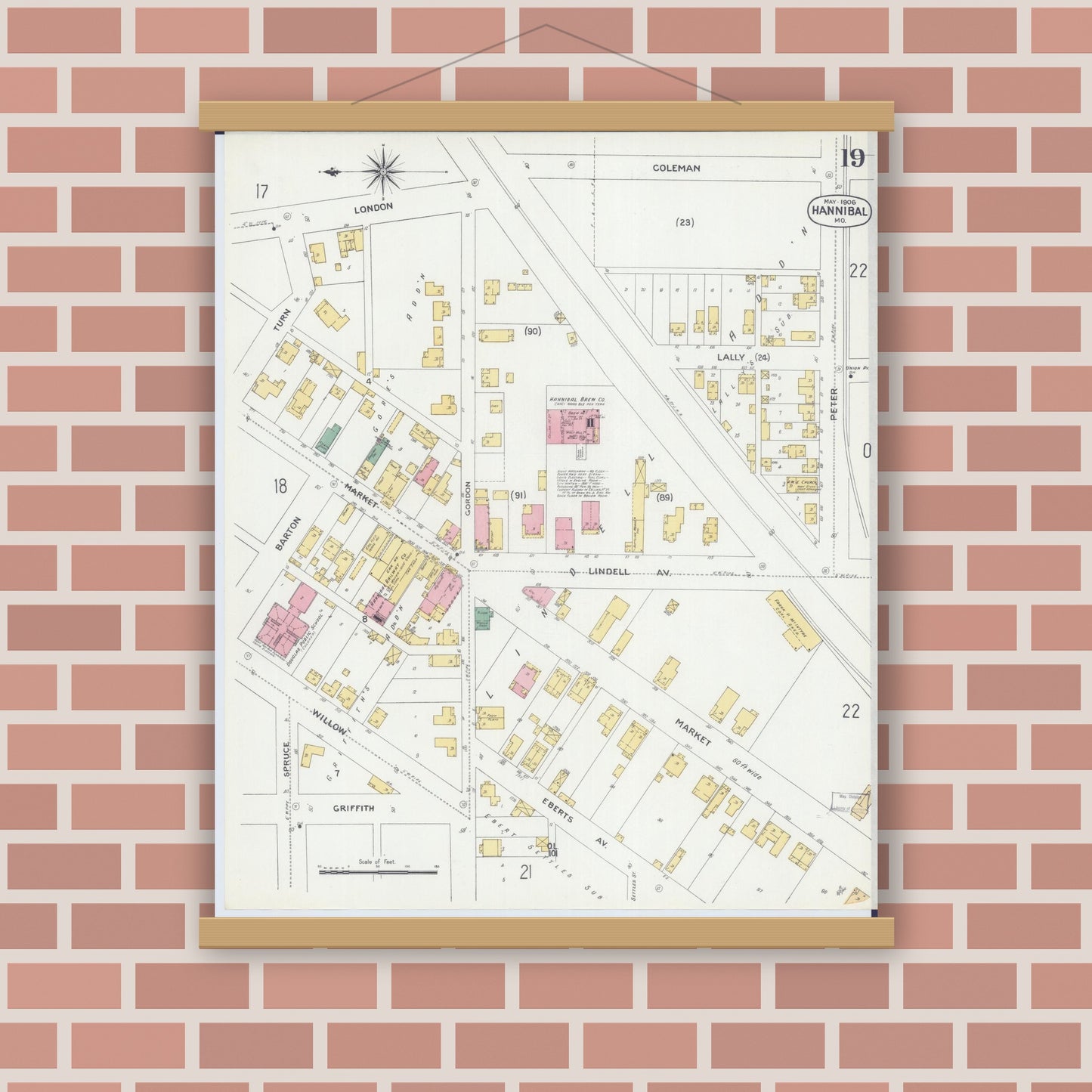 Old map wall art mockup — magnetic wood frame on brick wall — Sanborn Fire Insurance Map from Hannibal, Marion County, Missouri (1906), Sheet #0019
