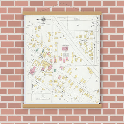 Old map wall art mockup — magnetic wood frame on brick wall — Sanborn Fire Insurance Map from Hannibal, Marion County, Missouri (1906), Sheet #0019