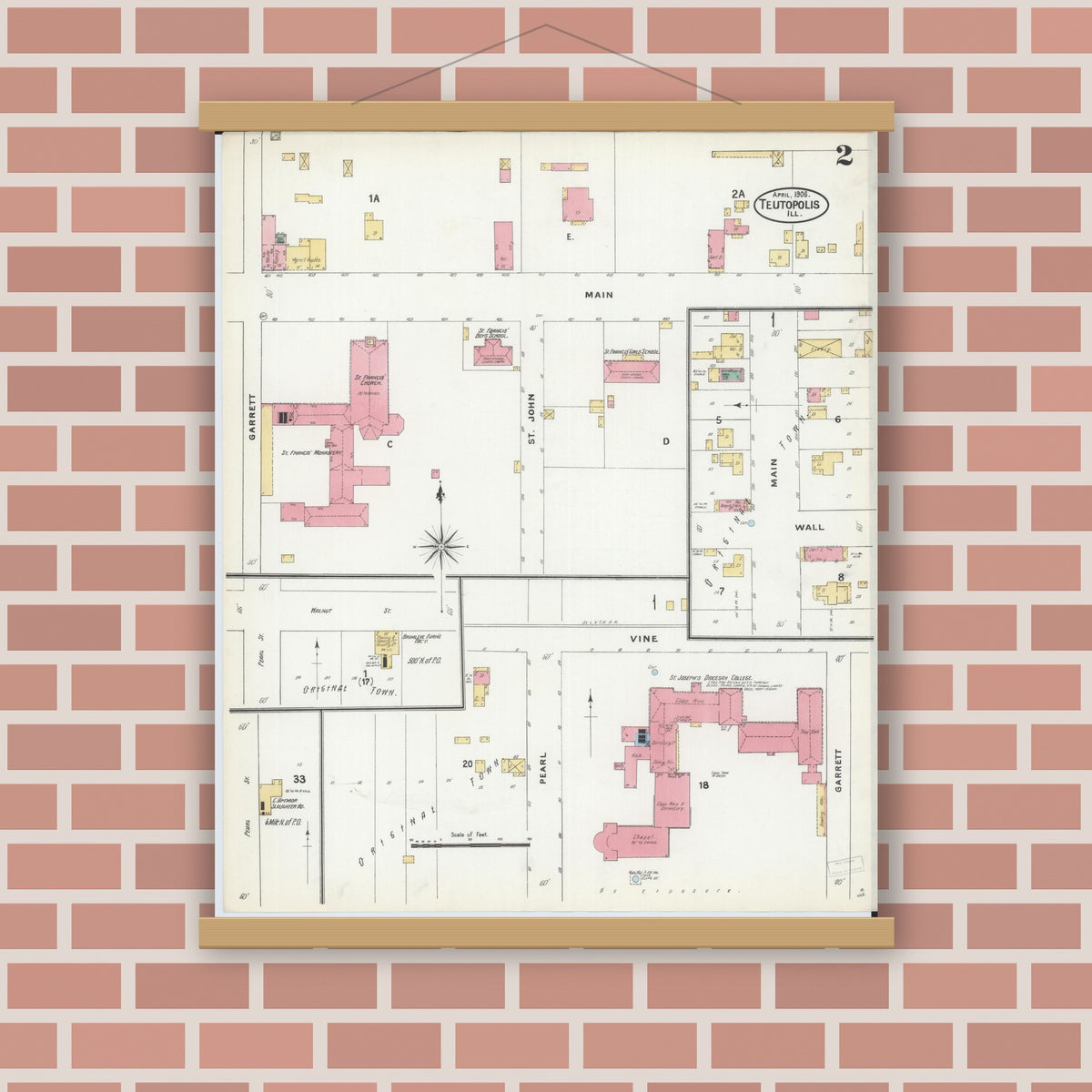 Old map wall art mockup — magnetic wood frame on brick wall — Sanborn Fire Insurance Map from Teutopolis, Effingham County, Illinois (1906), Sheet #0002