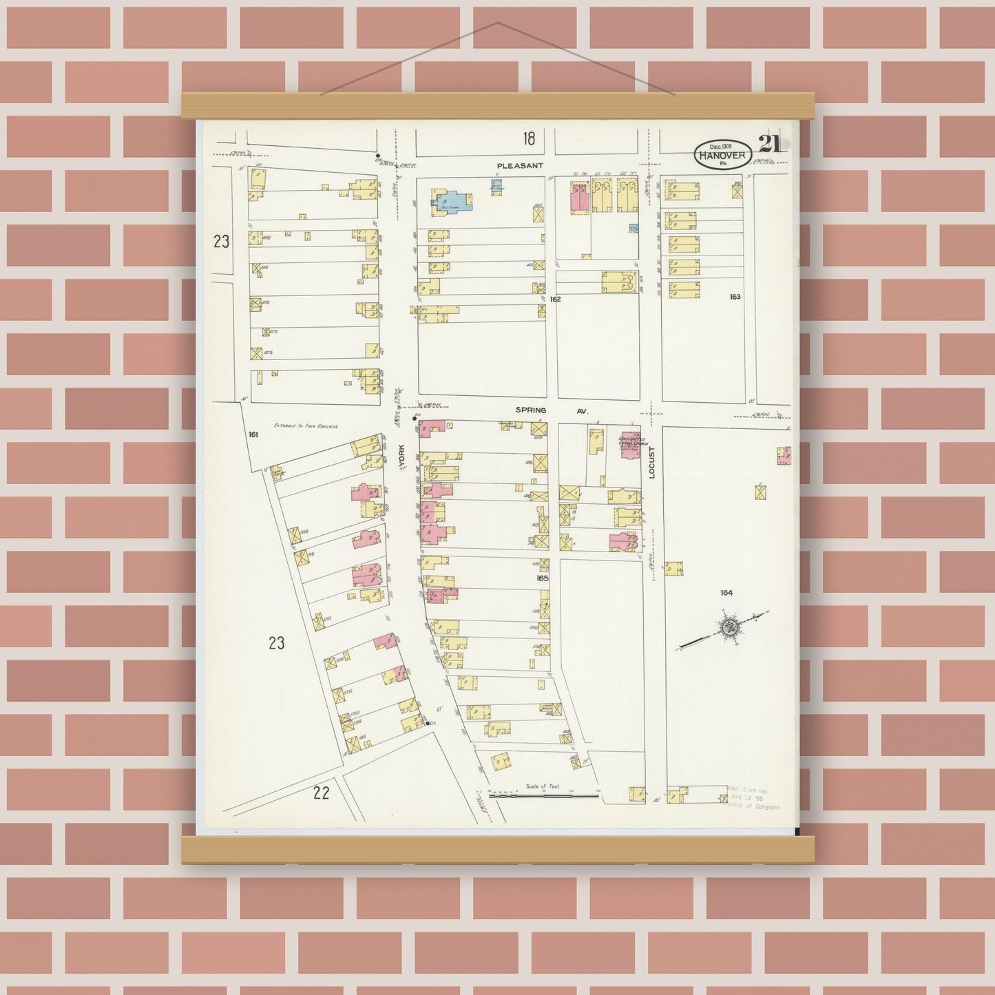 Old map wall art mockup — magnetic wood frame on brick wall — Sanborn Fire Insurance Map from Hanover, York County, Pennsylvania (1909), Sheet #0021