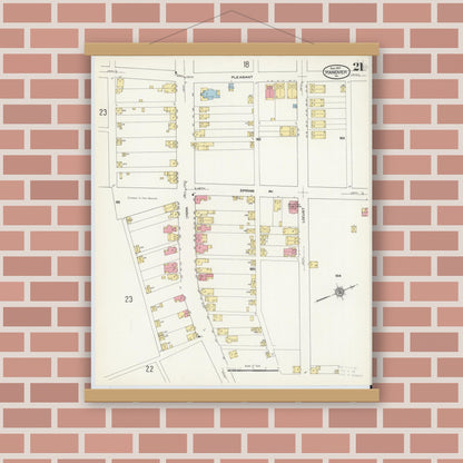 Old map wall art mockup — magnetic wood frame on brick wall — Sanborn Fire Insurance Map from Hanover, York County, Pennsylvania (1909), Sheet #0021