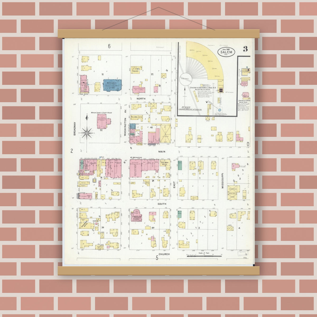 Old map wall art mockup — magnetic wood frame on brick wall — Sanborn Fire Insurance Map from Salem, Marion County, Illinois (1908), Sheet #0003