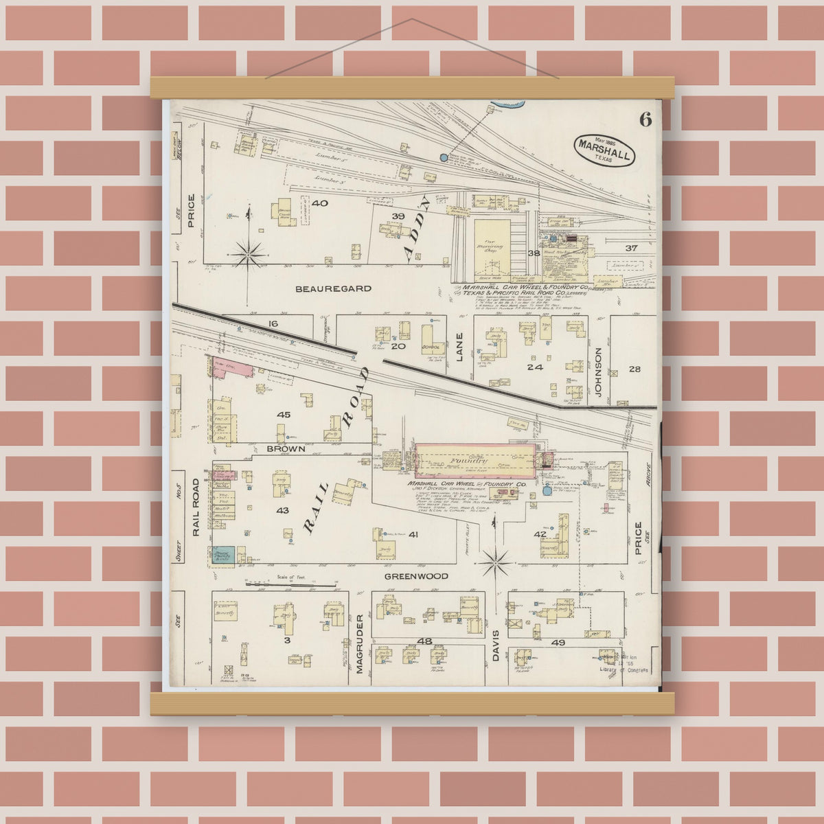 Old map wall art mockup — magnetic wood frame on brick wall — Sanborn Fire Insurance Map from Marshall, Harrison County, Texas (1885), Sheet #0006