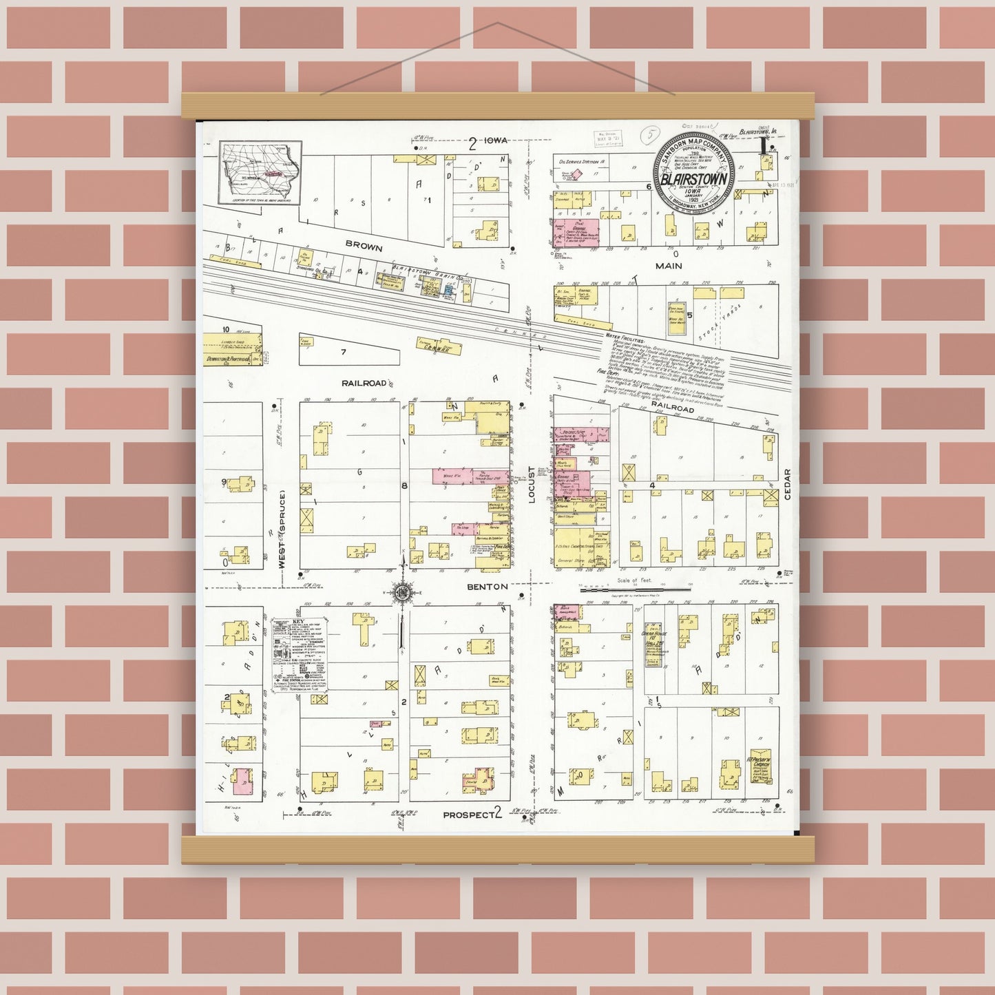 Old map wall art mockup — magnetic wood frame on brick wall — Sanborn Fire Insurance Map from Blairstown, Benton County, Iowa (1921), Sheet #0001