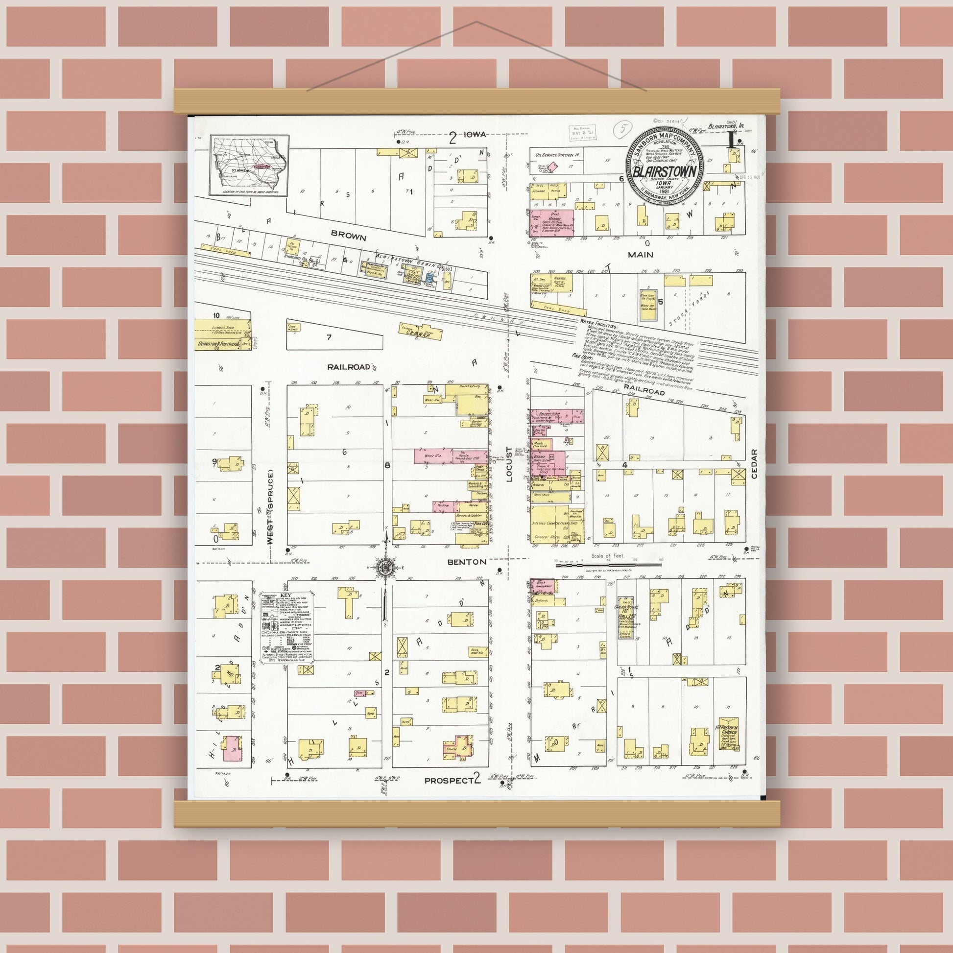 Old map wall art mockup — magnetic wood frame on brick wall — Sanborn Fire Insurance Map from Blairstown, Benton County, Iowa (1921), Sheet #0001
