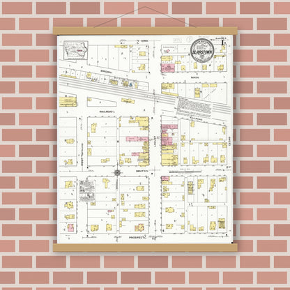 Old map wall art mockup — magnetic wood frame on brick wall — Sanborn Fire Insurance Map from Blairstown, Benton County, Iowa (1921), Sheet #0001
