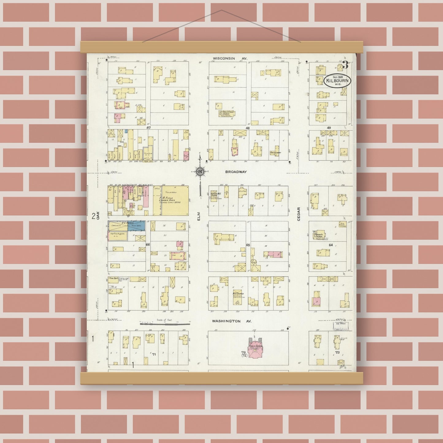 Old map wall art mockup — magnetic wood frame on brick wall — Sanborn Fire Insurance Map from Kilbourn, Columbia County, Wisconsin (1909), Sheet #0003