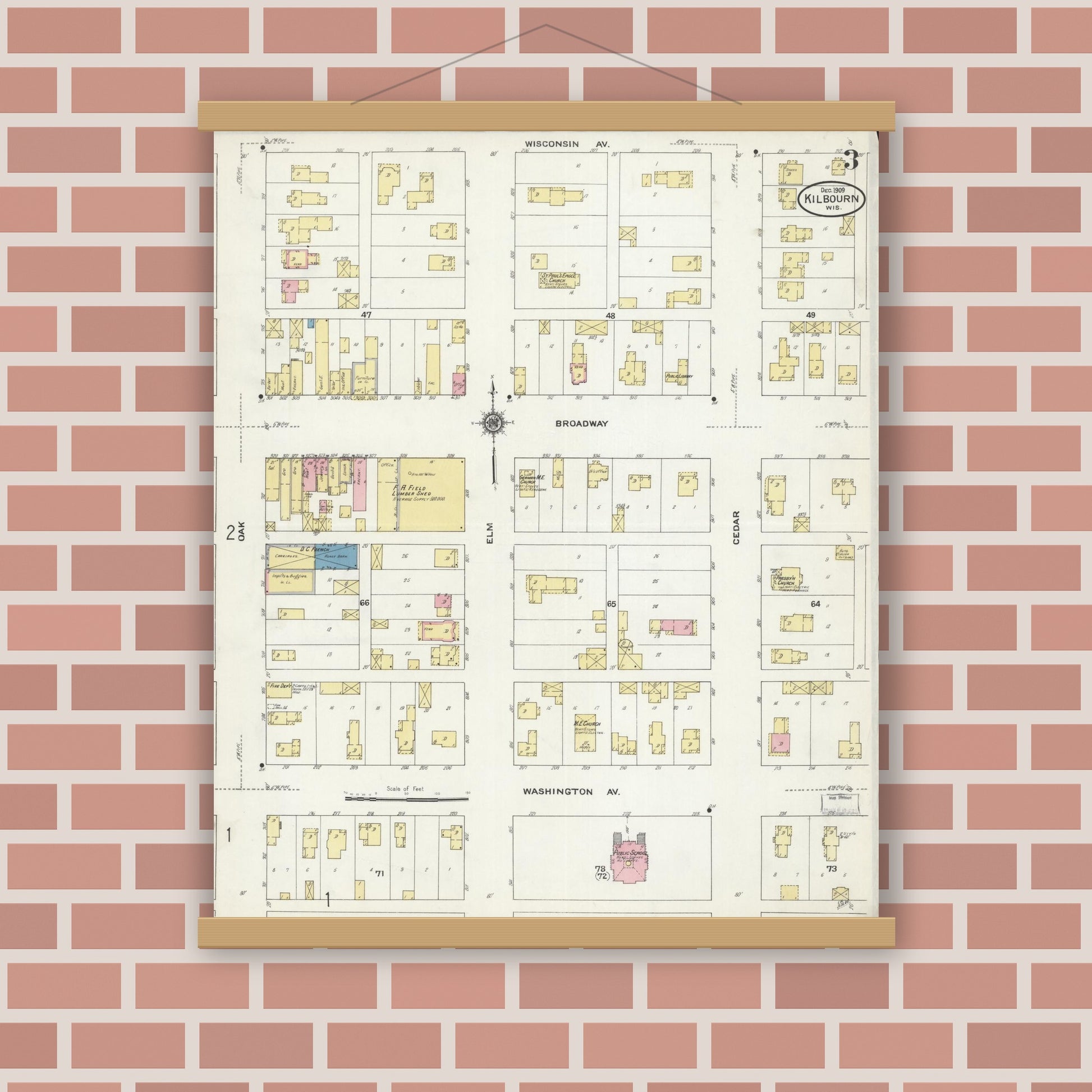 Old map wall art mockup — magnetic wood frame on brick wall — Sanborn Fire Insurance Map from Kilbourn, Columbia County, Wisconsin (1909), Sheet #0003