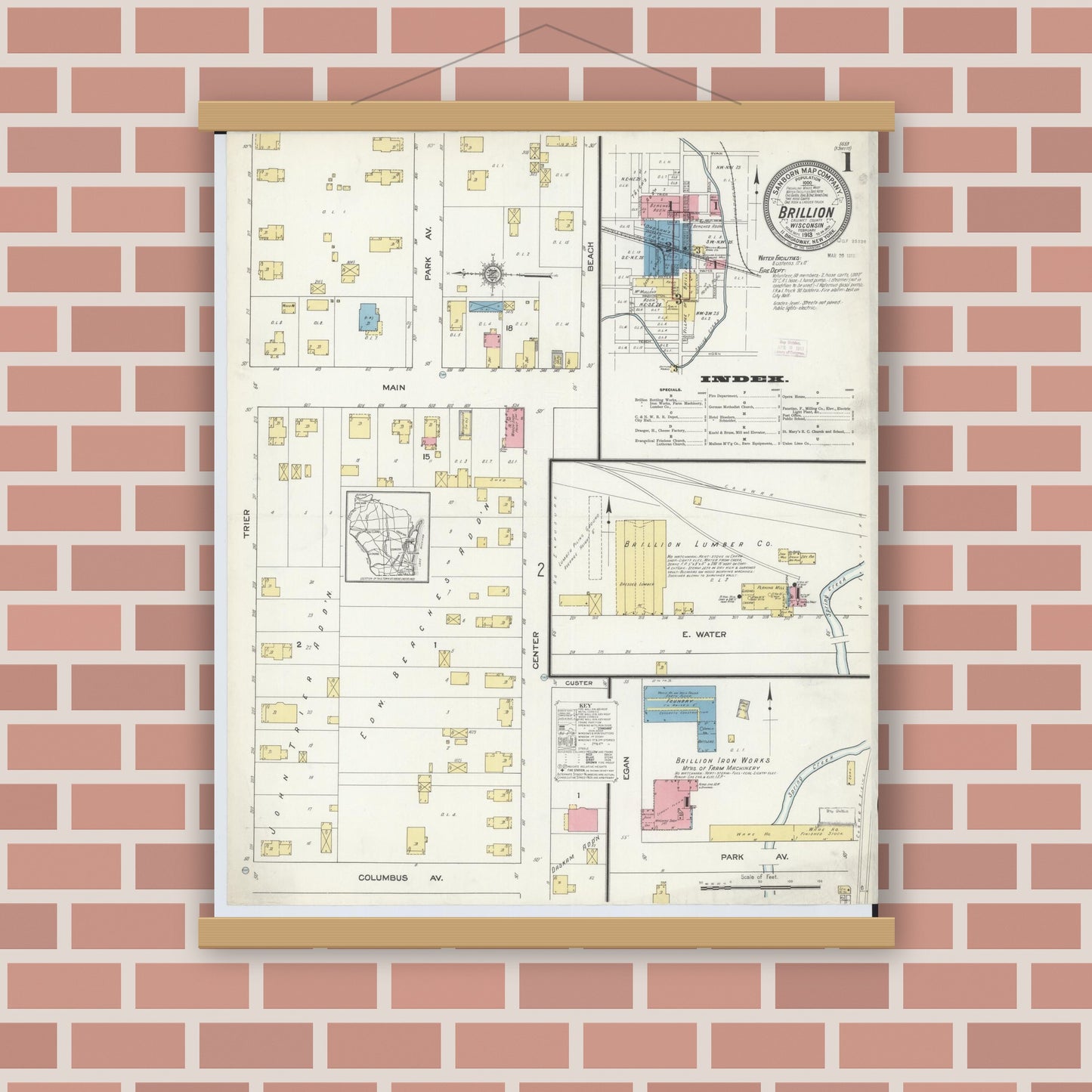 Old map wall art mockup — magnetic wood frame on brick wall — Sanborn Fire Insurance Map from Brillion, Calumet County, Wisconsin (1913), Sheet #0001