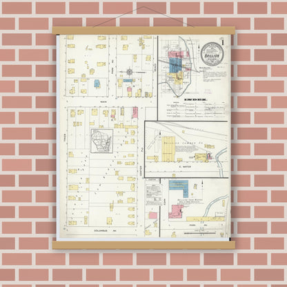 Old map wall art mockup — magnetic wood frame on brick wall — Sanborn Fire Insurance Map from Brillion, Calumet County, Wisconsin (1913), Sheet #0001
