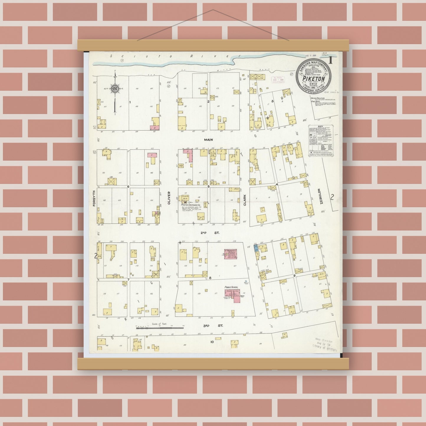 Old map wall art mockup — magnetic wood frame on brick wall — Sanborn Fire Insurance Map from Piketon, Pike County, Ohio (1911), Sheet #0001