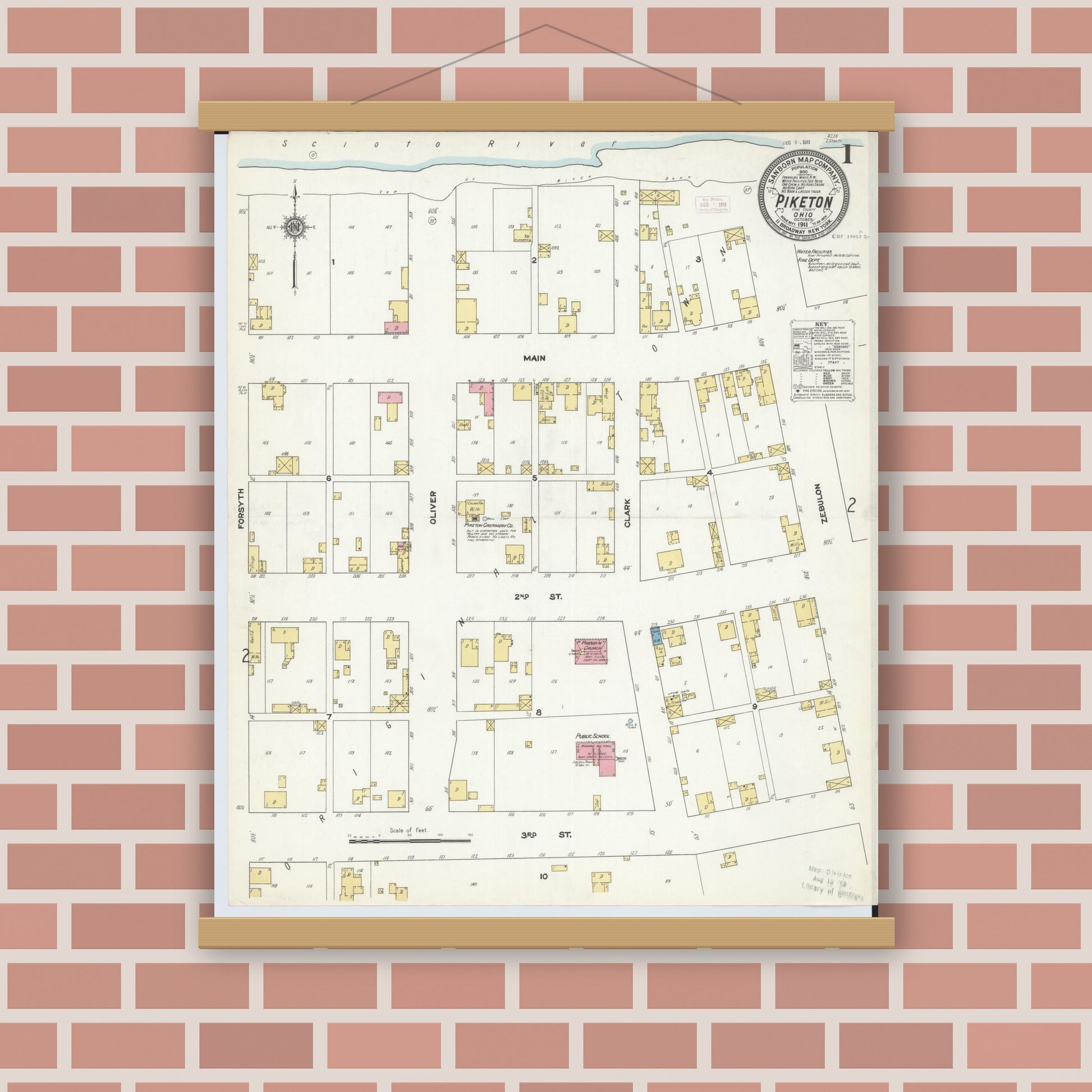 Old map wall art mockup — magnetic wood frame on brick wall — Sanborn Fire Insurance Map from Piketon, Pike County, Ohio (1911), Sheet #0001