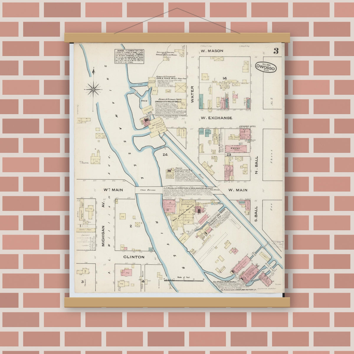 Old map wall art mockup — magnetic wood frame on brick wall — Sanborn Fire Insurance Map from Owosso, Shiawassee County, Michigan (1884), Sheet #0003
