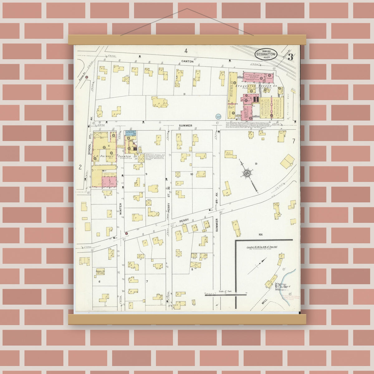 Old map wall art mockup — magnetic wood frame on brick wall — Sanborn Fire Insurance Map from Stoughton, Norfolk County, Massachusetts (1912), Sheet #0003