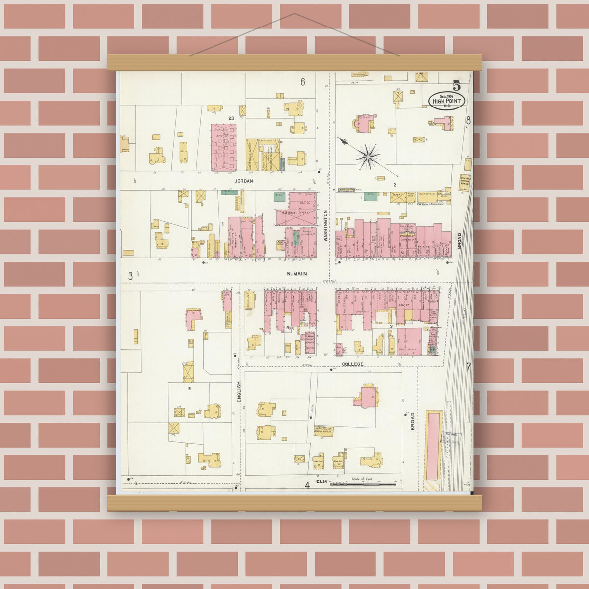 Old map wall art mockup — magnetic wood frame on brick wall — Sanborn Fire Insurance Map from High Point, Guilford County, North Carolina (1906), Sheet #0005