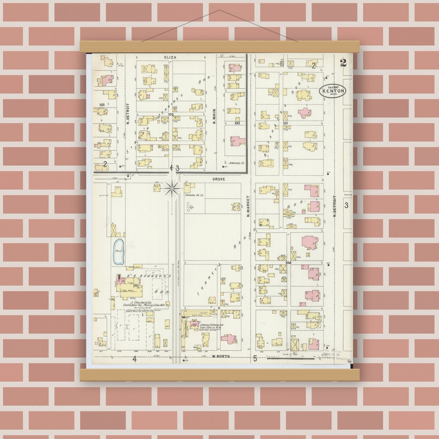 Old map wall art mockup — magnetic wood frame on brick wall — Sanborn Fire Insurance Map from Kenton, Hardin County, Ohio (1897), Sheet #0002