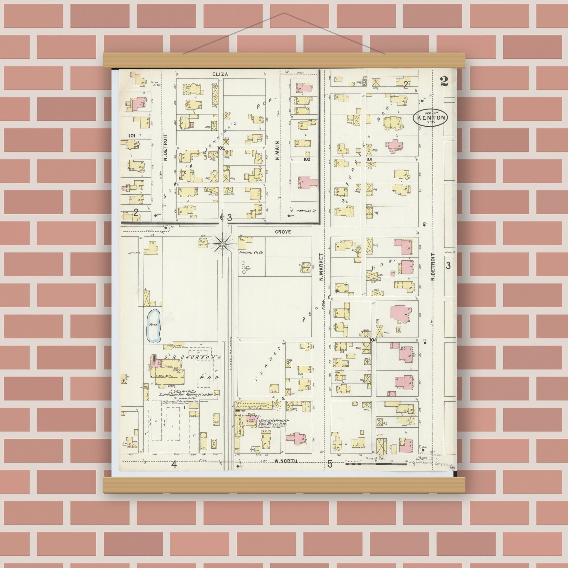 Old map wall art mockup — magnetic wood frame on brick wall — Sanborn Fire Insurance Map from Kenton, Hardin County, Ohio (1897), Sheet #0002